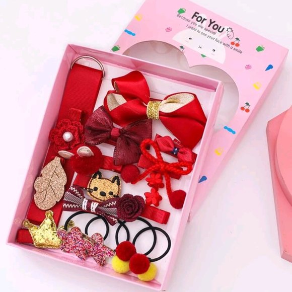 18 Piece Toddler Girls Bow and Flower Hair Accessory Gift Set Red - Picture 2 of 3